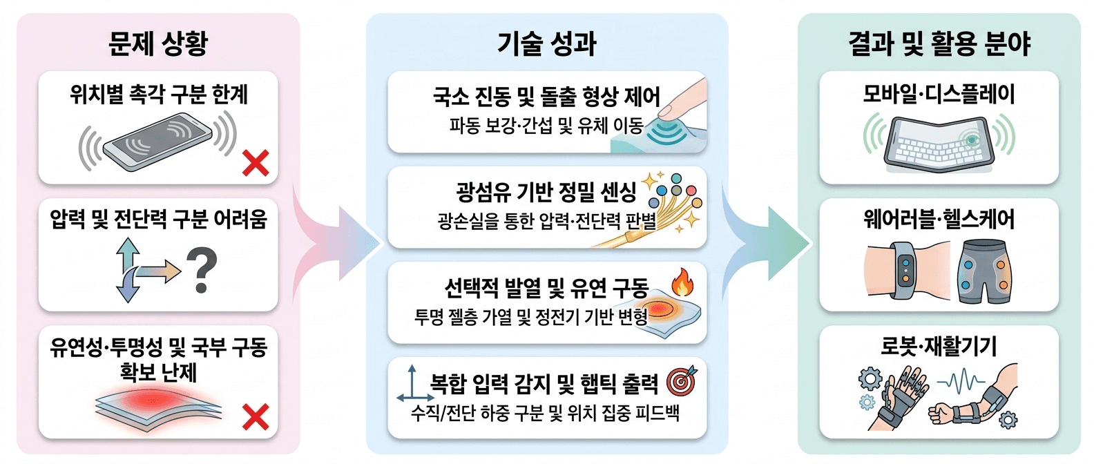 사용자의 접촉·압력·움직임을 **정밀하게 감지하고 국소 촉각으로 전달**할 수 있도록 유연 소자를 설계·제어하는 기술입니다.