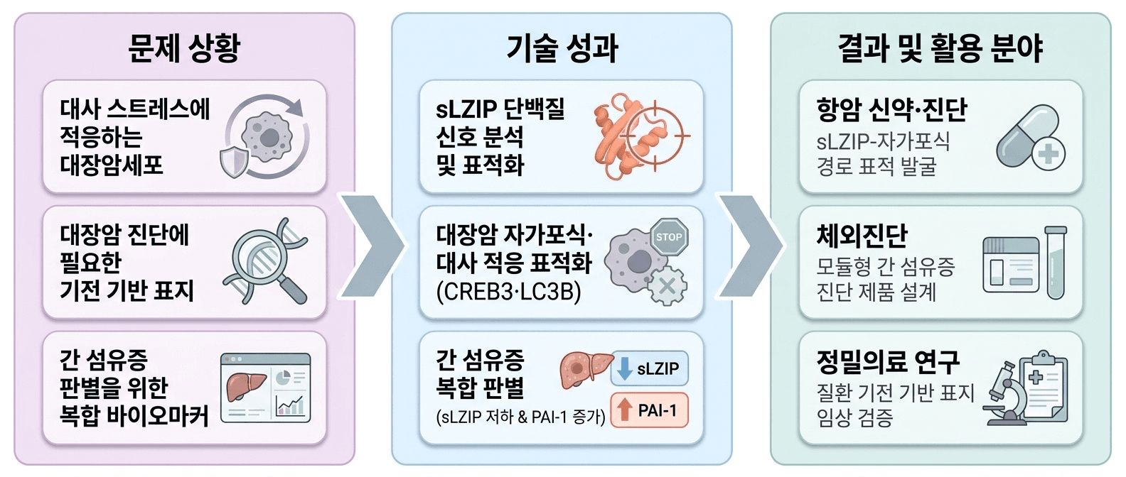 질환에서 달라지는 **sLZIP 단백질 신호**를 분석해 진단 표지와 치료 표적으로 연결하는 기술입니다.